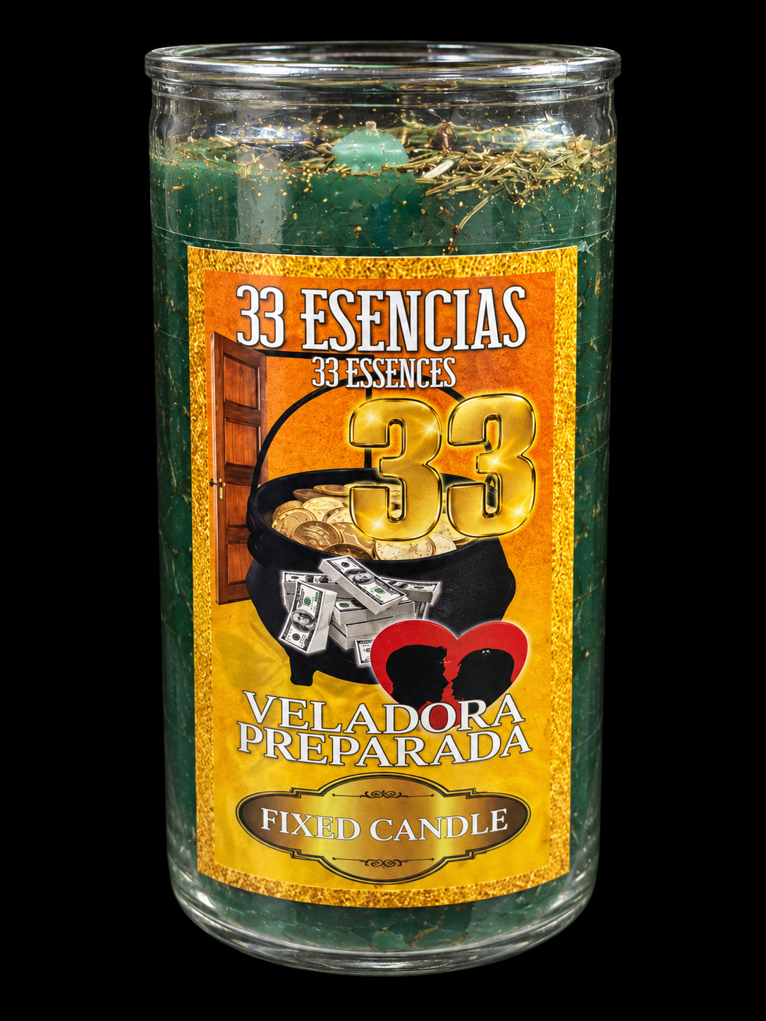 Veladora ancha 33 Esencias sobre fondo negro mate
