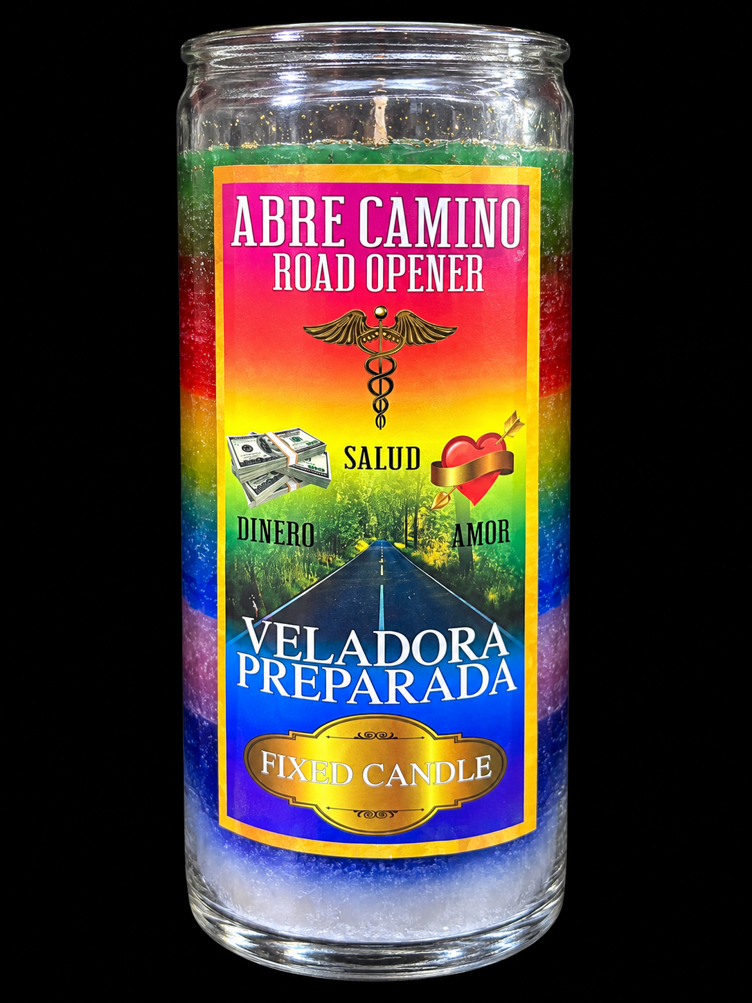 Veladora Abre Camino centrada sobre fondo negro