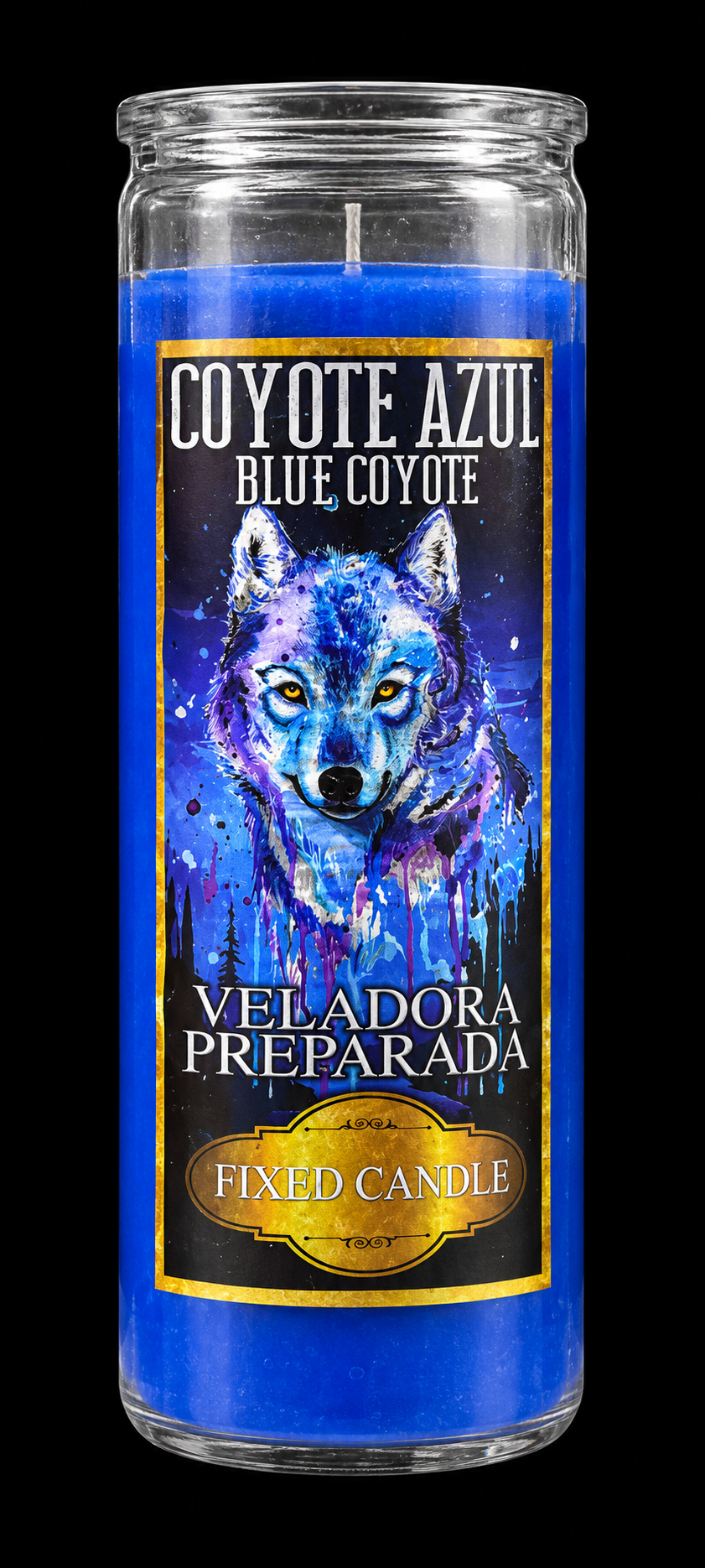Veladora Coyote Azul centrada sobre fondo negro