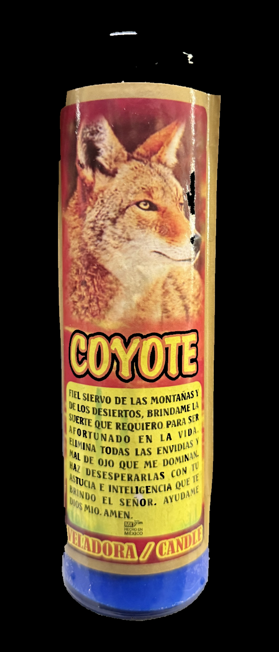 Veladora Coyote centrada sobre fondo negro