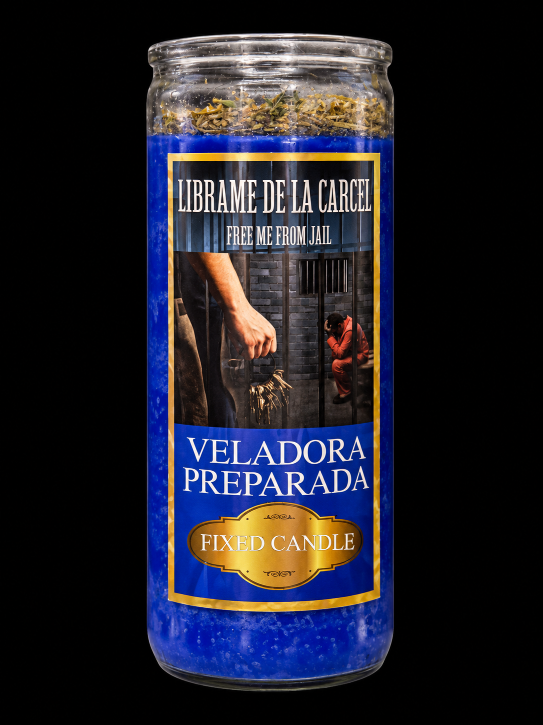 Veladora Líbrame de la Cárcel centrada sobre fondo negro