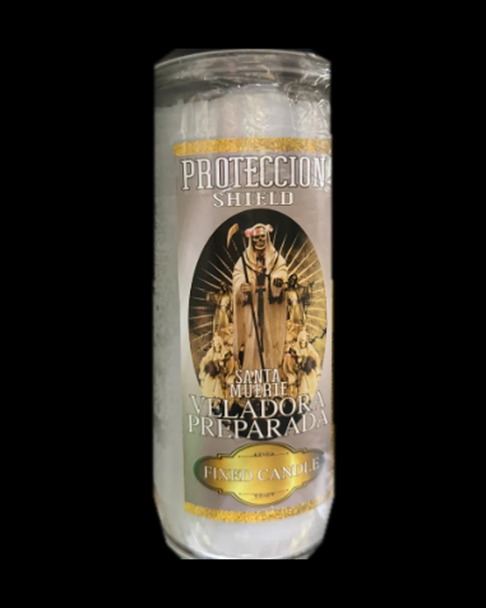 Veladora Santa Muerte Protection Shield centrada sobre fondo negro